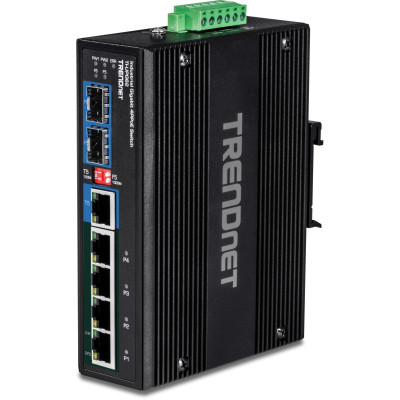 TRENDnet TI-UPG62 7-Port Gigabit Ethernet Switch, 4 Gigabit PoE++, 1 Gigabit shared, & 2 Gigabit SFP slots, 12 Gbps switching capacity, DIN-rail/wall mount